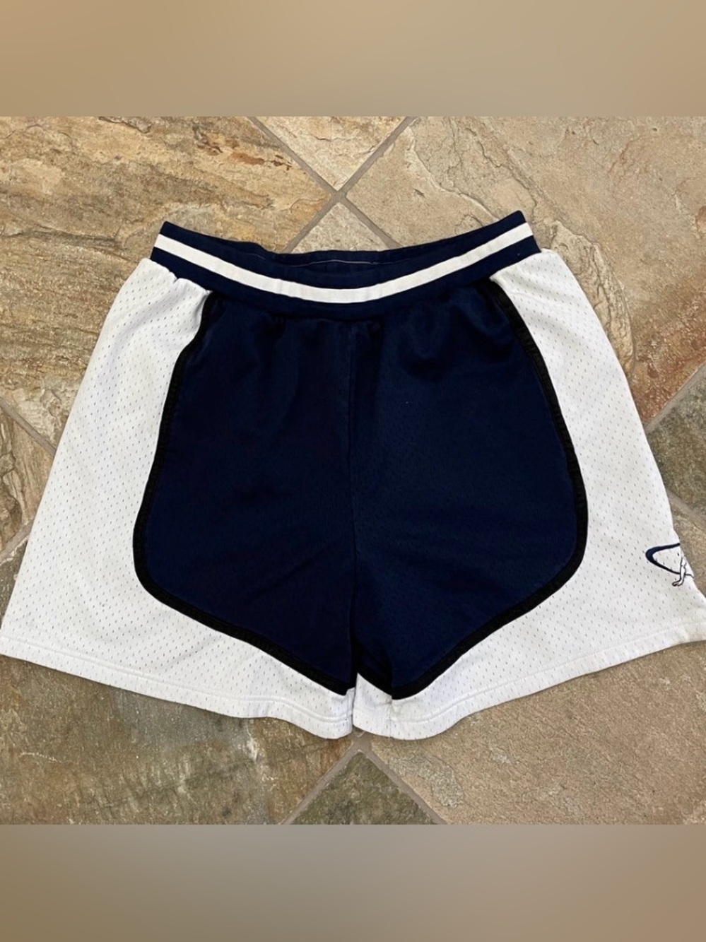 Mens Vintage And1 Navy & White Athletic Mesh Shorts w/ Stripe Waistband Size Med